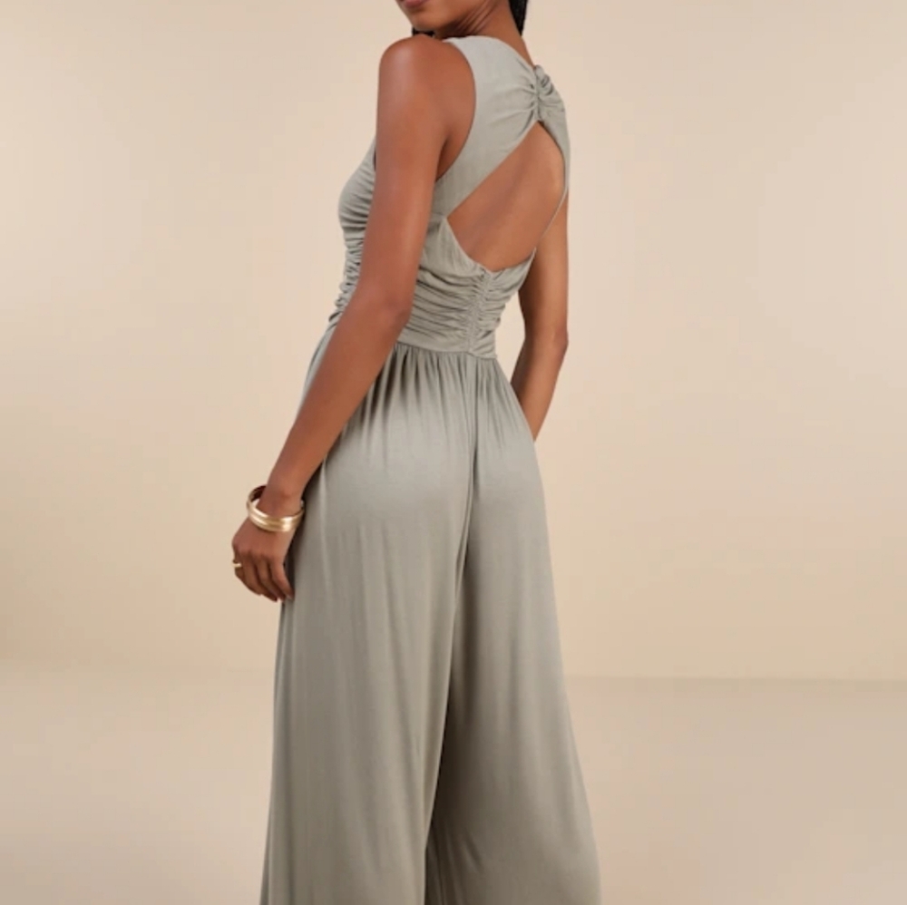 Lulus Breezy Fascination Sage Green Ruched Cutout Jumpsuit - Size L